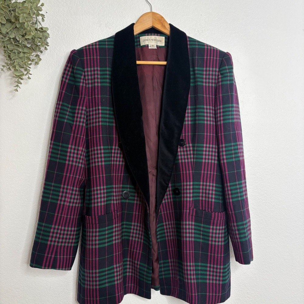 Jones New York Vintage Plaid Blazer Velvet Shawl Collar Size 10 - Picture 2 of 11